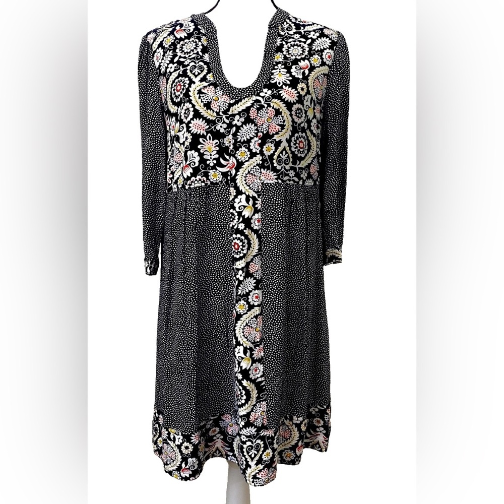 Boden Mollie Patchwork Floral Dress US 12R Black White Polka 100% Viscose V-neck